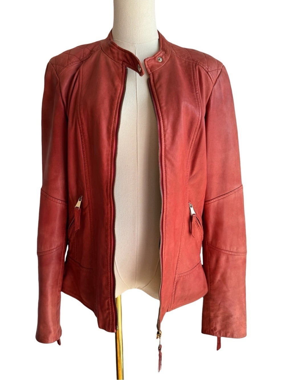 Danier Rustic Terracotta Burnt Red Leather Jacket Womens M Full Zip Coat Moto